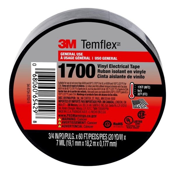 Scotch 3M Temflex 3/4 in. W X 60 ft. L Black Vinyl Electrical Tape 1700-1PK-BB40